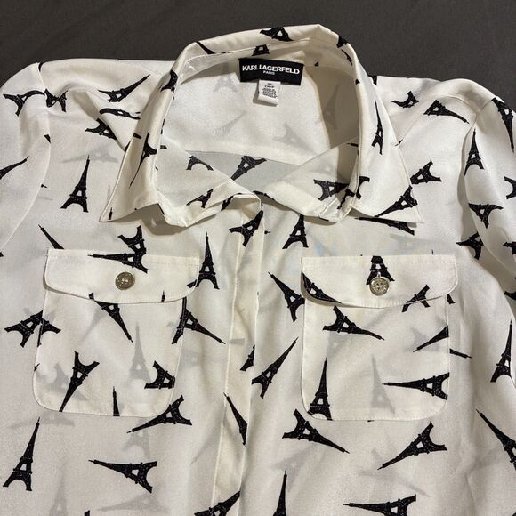 Karl Lagerfeld Paris Women Eiffel Tower Button Blouse Small White Black - Picture 3 of 7